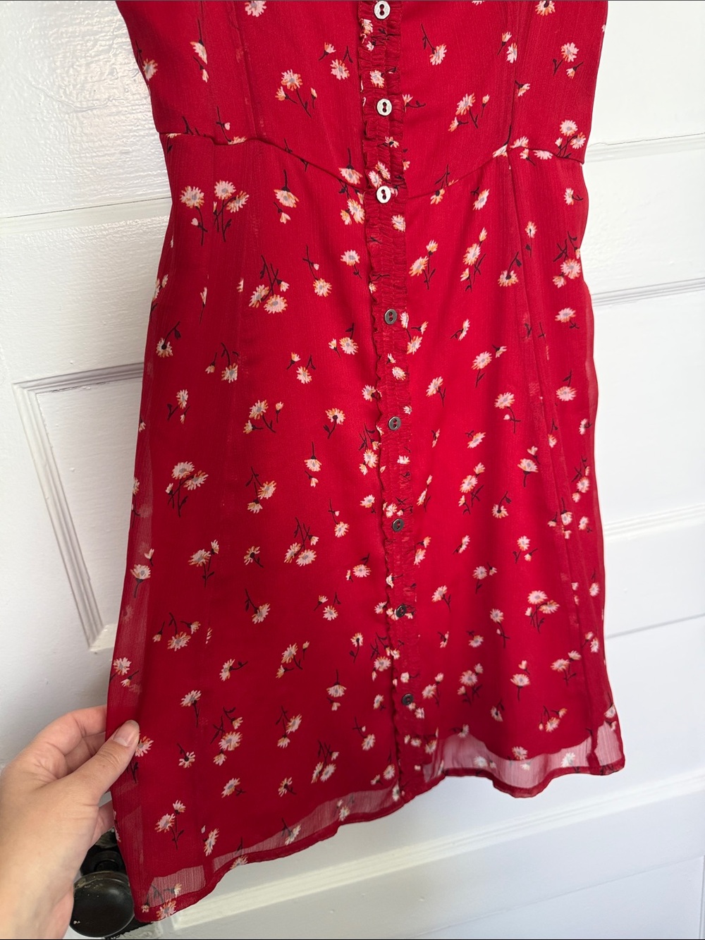 Abercrombie & Fitch Red Floral Ruffle-Neck Cottagecore Boho Dress Sz XS - Picture 6 of 11
